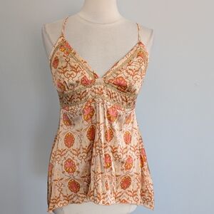Vintage Women's Shine NY Silk Embroidered Tank Y2K Orange Yellow Medium